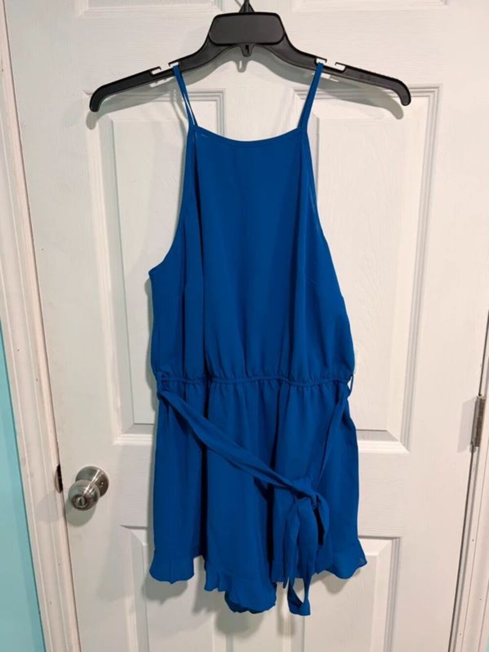 Emery Rose Royal Blue Romper 0XL High Neck Halter Ruffle Trim Tie Waist Y2K